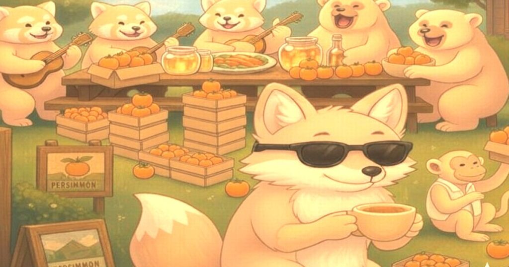 キツネやレッサーパンダ、クマ、サルたちが柿まつりを楽しむイラスト