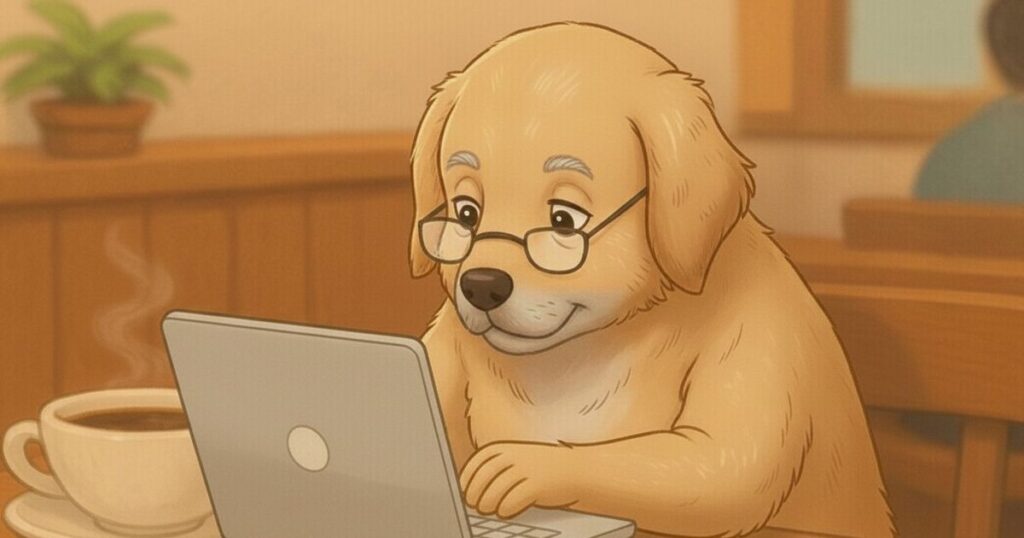 カフェで眼鏡をかけた犬のおばさんがパソコン作業をしているイラスト