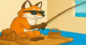 いかだの上で釣りをするサングラス姿のキツネのイラスト