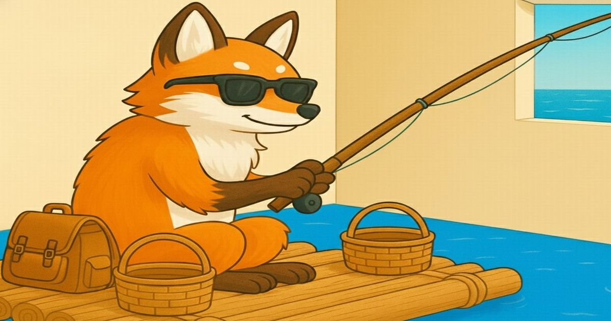 いかだの上で釣りをするサングラス姿のキツネのイラスト