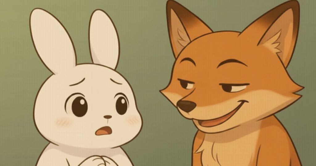 詐欺で騙されそうになって不安になるウサギと、企んだ表情のキツネのイラスト