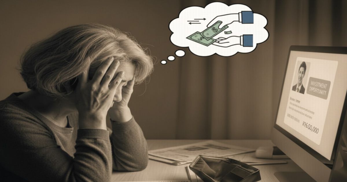 パソコン画面の投資広告を見て悩む高齢女性のイメージ。詐欺による金銭トラブルを連想させる構図。