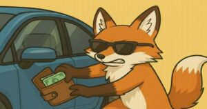 車上荒らしをするサングラス姿のキタキツネが、停車中の車から財布を盗み出しているイラスト