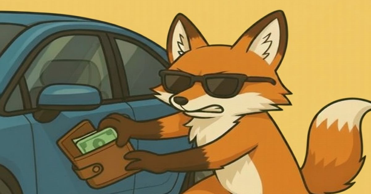 車上荒らしをするサングラス姿のキタキツネが、停車中の車から財布を盗み出しているイラスト