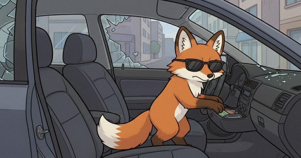 サングラスをかけたキタキツネが車内で盗みをしているイラスト。割れた窓と無人の車内の様子を描いた注意喚起用画像