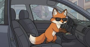 サングラスをかけたキタキツネが車内で盗みをしているイラスト。割れた窓と無人の車内の様子を描いた注意喚起用画像