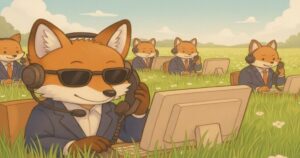 スーツ姿のキツネたちが草原でヘッドセットをつけて電話対応しているイラスト
