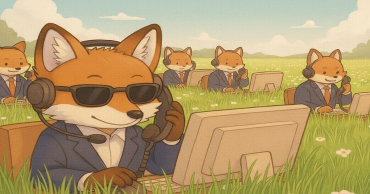 スーツ姿のキツネたちが草原でヘッドセットをつけて電話対応しているイラスト