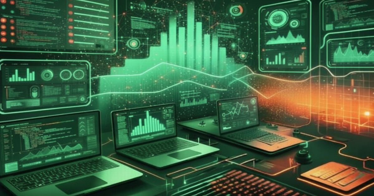 複数のノートPCと大型モニターにデータ分析ダッシュボードが表示された近未来的なデジタル作業環境