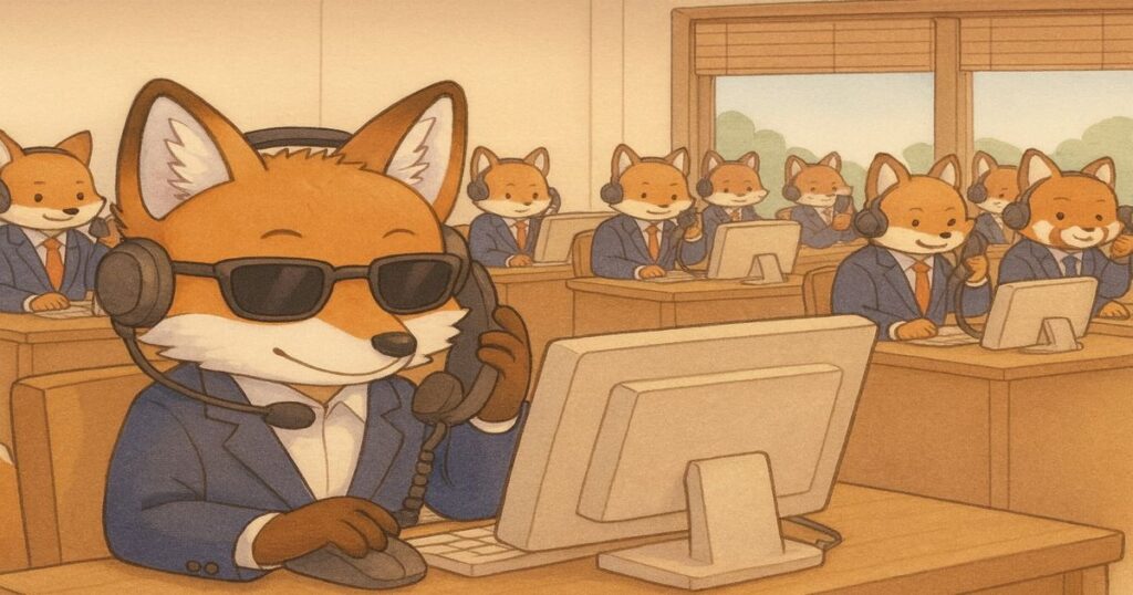 キタキツネとレッサーパンダが仲間としてコールセンターで電話対応をしている様子