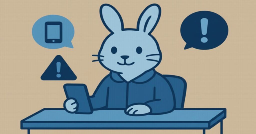 相談センターの机に座るウサギキャラがスマホを見ながら注意喚起する青系フラットデジタルアート