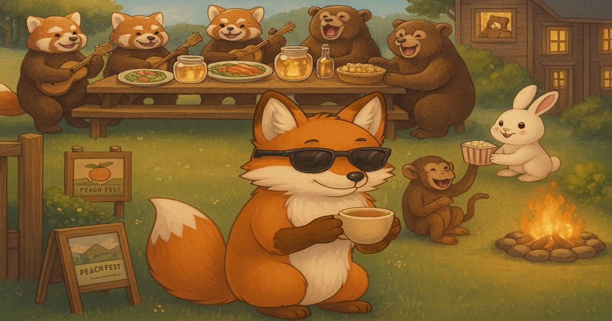 サングラスをかけたキツネがコーヒーを飲み、動物たちと宴会を楽しむイラスト