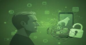 スマホを通じて個人情報と資金が盗まれるデジタル詐欺のイメージイラスト