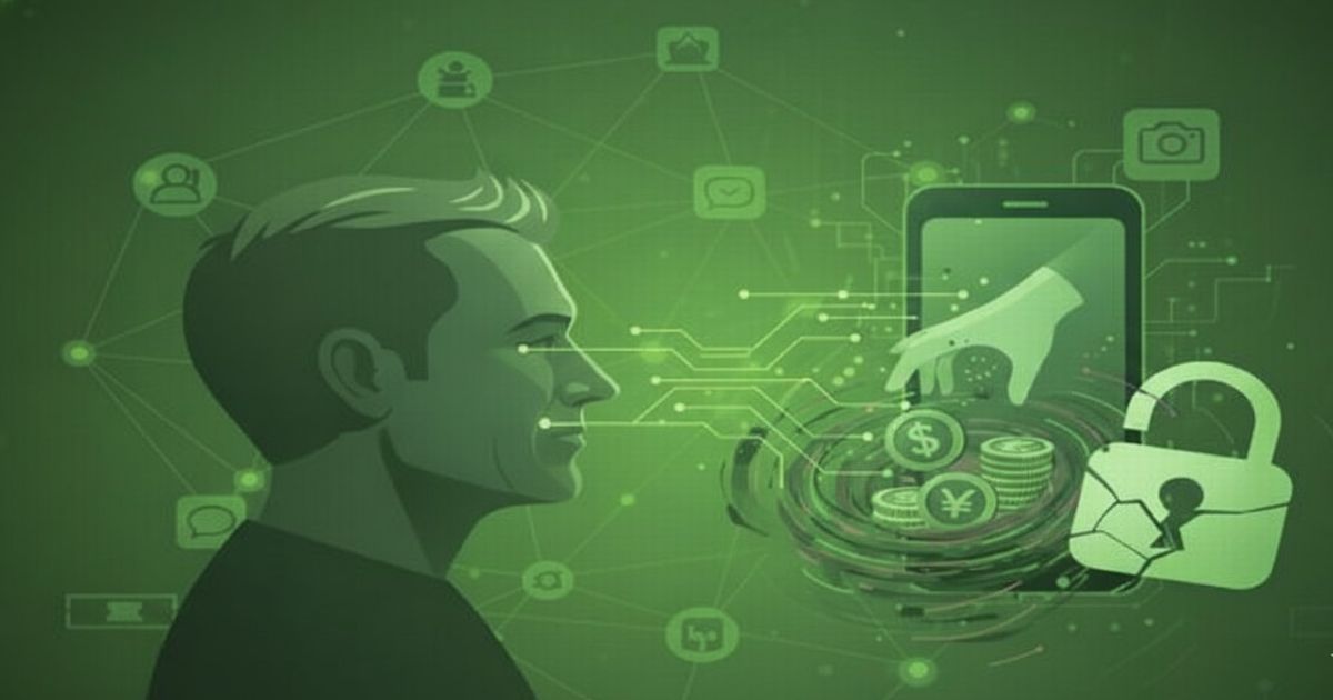 スマホを通じて個人情報と資金が盗まれるデジタル詐欺のイメージイラスト