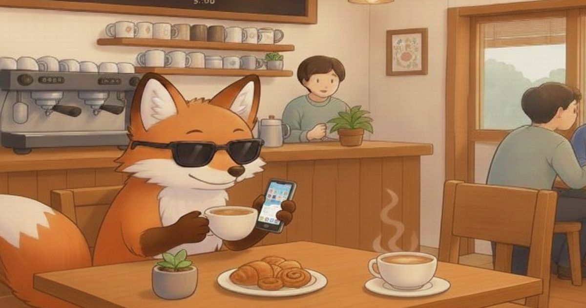 カフェでスマホを操作するキツネのイラスト。詐欺や窃盗への注意喚起に使う共通画像