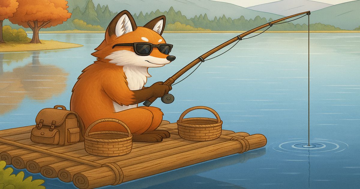 いかだの上で釣りをするサングラス姿のキツネのイラスト