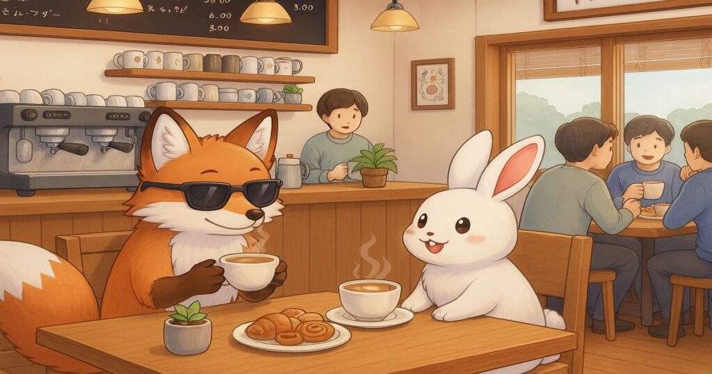 喫茶店でコーヒーを飲みながら向かい合って話すキタキツネとウサギのイラスト