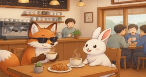 喫茶店でコーヒーを飲みながら向かい合って話すキタキツネとウサギのイラスト