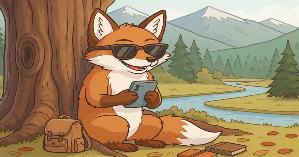 フィッシング詐欺をたくらむようにスマホを操作するキタキツネのイラスト。木の下でサングラス姿のキタキツネがスマホを見つめる様子。