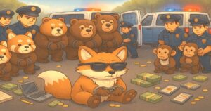 キツネを含む動物詐欺集団が警察に逮捕されるイラスト