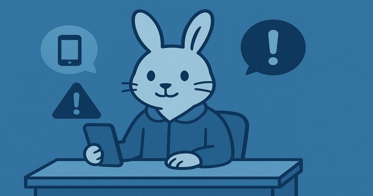 相談センターの机に座るウサギキャラがスマホを見ながら注意喚起する青系フラットデジタルアート
