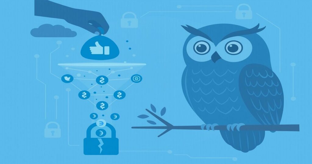 SNSの「いいね」や通知を装った詐欺を警告するフクロウのイラスト。情報がロックされる様子と不正なデータ吸い上げを表現したデジタル風デザイン。