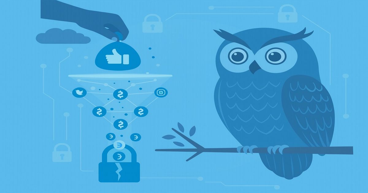 SNSの「いいね」や通知を装った詐欺を警告するフクロウのイラスト。情報がロックされる様子と不正なデータ吸い上げを表現したデジタル風デザイン。