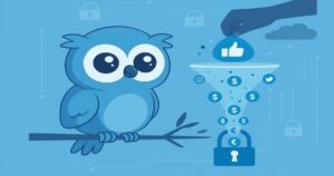 可愛い青いフクロウが枝に止まり、隣でSNSアイコンと貨幣アイコンが漏斗に吸い込まれていくデジタル風イラスト