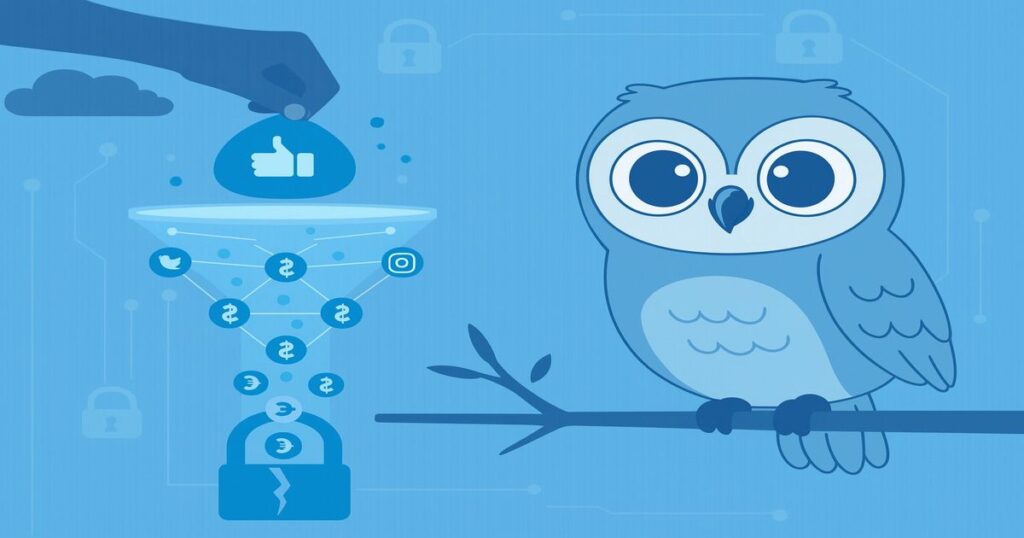 青い背景でSNSのいいねアイコンと収益化の仕組みを示す図と、枝にとまった可愛いフクロウのイラスト
