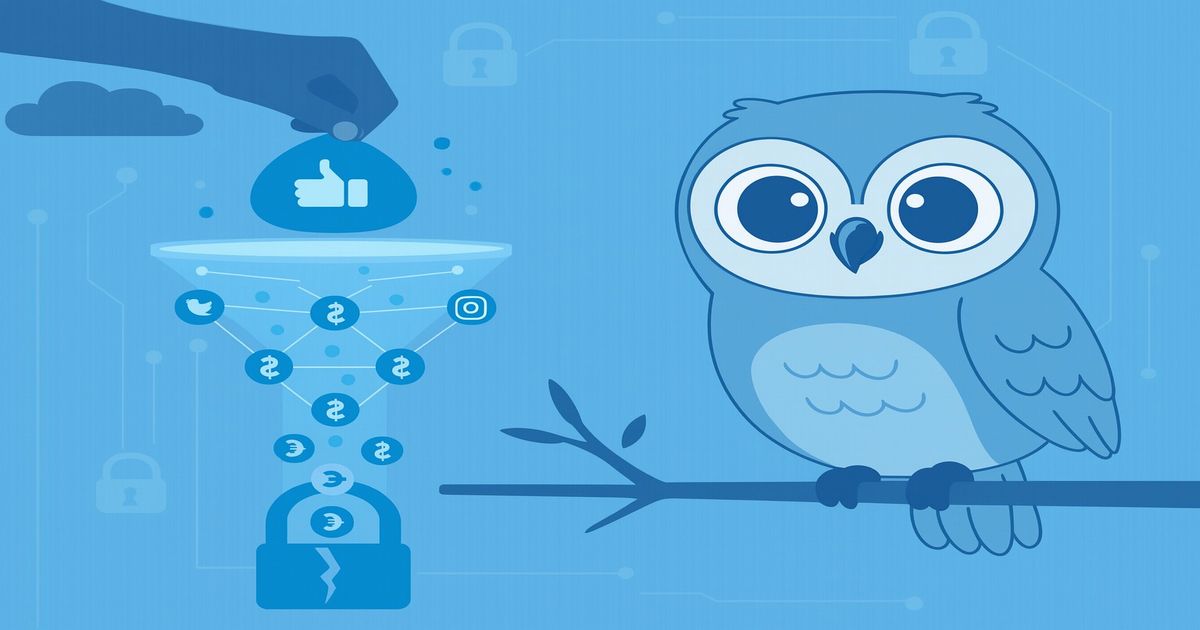 青い背景でSNSのいいねアイコンと収益化の仕組みを示す図と、枝にとまった可愛いフクロウのイラスト