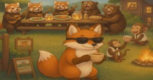 サングラスをかけたキツネがキャンプファイヤーの前で飲み物を持ち、動物たちがフェスを楽しむイラスト
