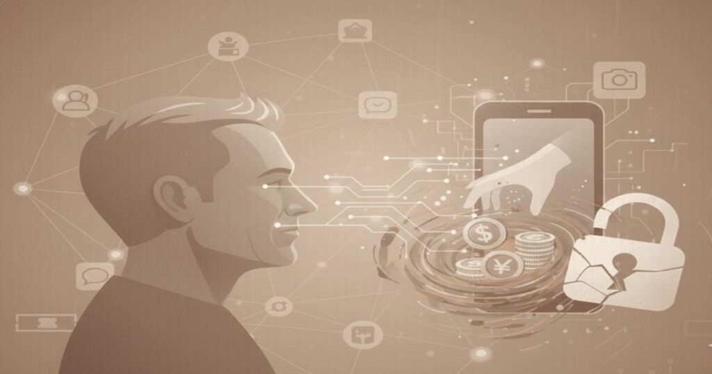 詐欺サイトによる個人情報と金銭被害を示す抽象イラスト。スマホから手が伸びてコインを奪い、デジタル背景に危険性を表すロックアイコンが描かれている。