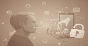 詐欺サイトによる個人情報と金銭被害を示す抽象イラスト。スマホから手が伸びてコインを奪い、デジタル背景に危険性を表すロックアイコンが描かれている。