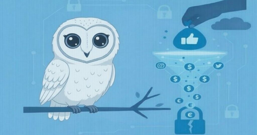 青い背景の上に枝へとまる白いフクロウとデジタルセキュリティやSNSアイコンを描いたイラスト