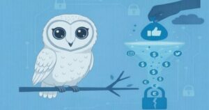 青い背景の上に枝へとまる白いフクロウとデジタルセキュリティやSNSアイコンを描いたイラスト