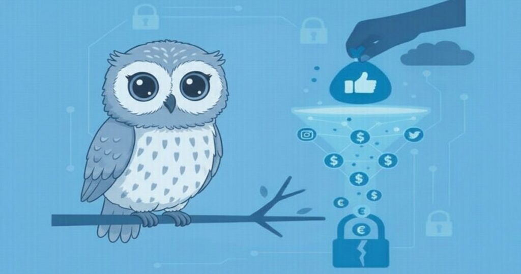 SNS広告やデジタルマーケティングを象徴するフクロウとデータのイラスト