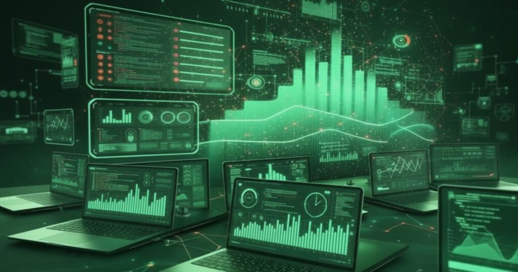 緑色のサイバー風データ分析ダッシュボードが複数のノートパソコンに表示されたデジタルイメージ