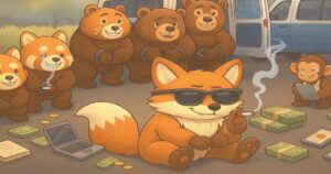 キツネが中心に座り、タヌキやクマなどの動物たちが円陣を組んでお金を扱っているイラスト