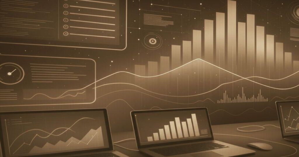 複数のノートパソコンにデータ分析ダッシュボードが表示され、背景にはグラフや統計チャートが浮かぶイメージ