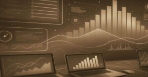 複数のノートパソコンにデータ分析ダッシュボードが表示され、背景にはグラフや統計チャートが浮かぶイメージ