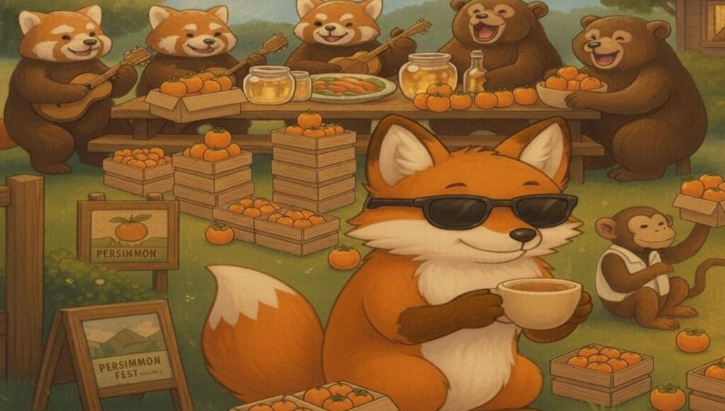 キツネやレッサーパンダ、クマ、サルたちが柿まつりを楽しむイラスト