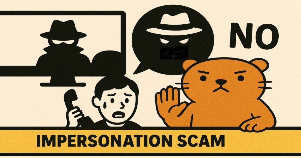 なりすまし詐欺を注意喚起するイラスト。電話に怯える人と、詐欺師を拒否するカワウソのキャラクターが描かれている。