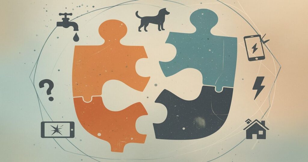 生活トラブルが複雑に絡み合う様子をパズルで表現したイラスト