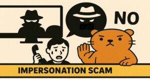 なりすまし詐欺を注意喚起するイラスト。電話に怯える人と、詐欺師を拒否するカワウソのキャラクターが描かれている。