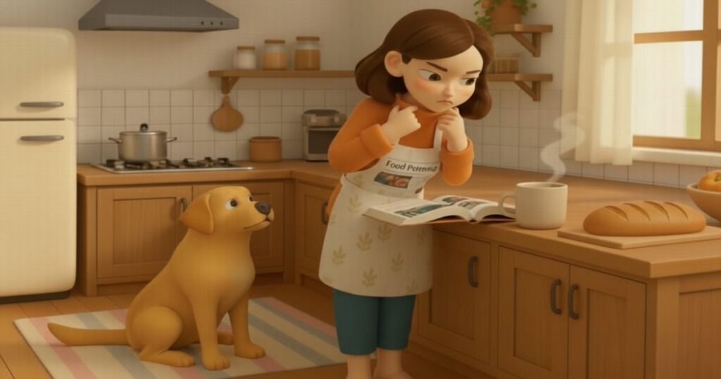 キッチンで本を読みながら悩む母親と、そばで見守る犬のイラスト