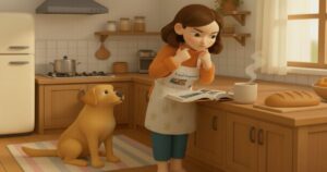 キッチンで本を読みながら悩む母親と、そばで見守る犬のイラスト