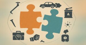 生活トラブルを象徴するパズルと、車故障や水漏れ、ガス設備などのアイコンイメージ