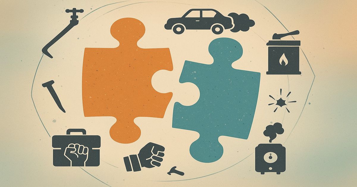 生活トラブルを象徴するパズルと、車故障や水漏れ、ガス設備などのアイコンイメージ
