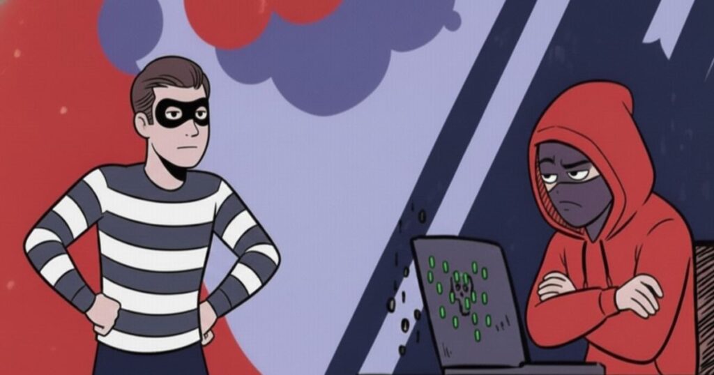 袋を担いだ泥棒とフード姿のハッカーが対峙する防犯イラスト