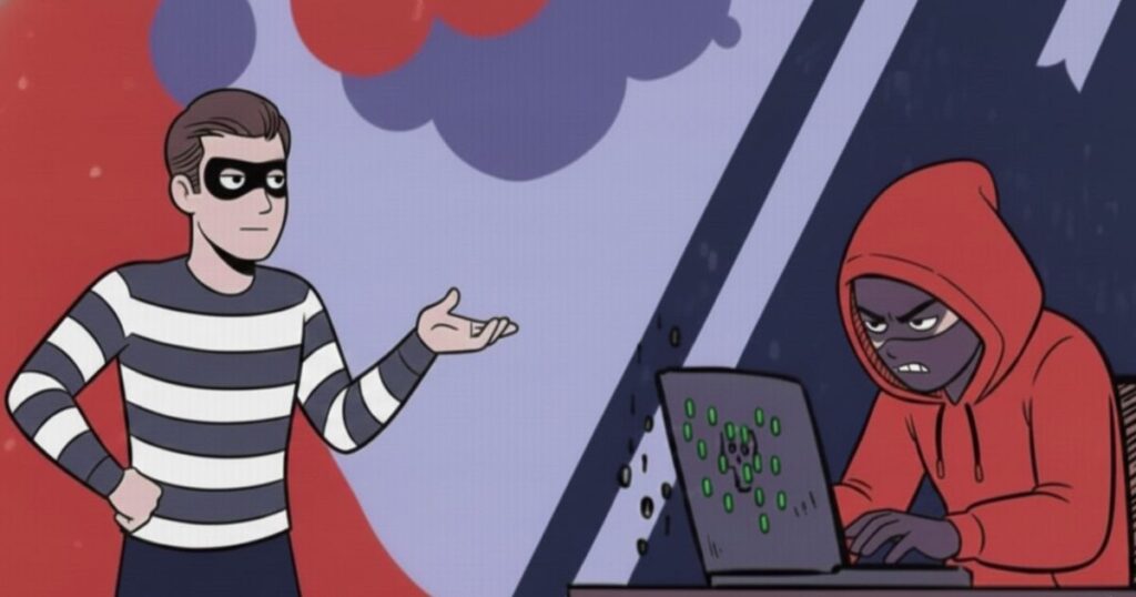 「怪盗風の人物とフード姿のハッカーが向かい合う防犯イラスト」